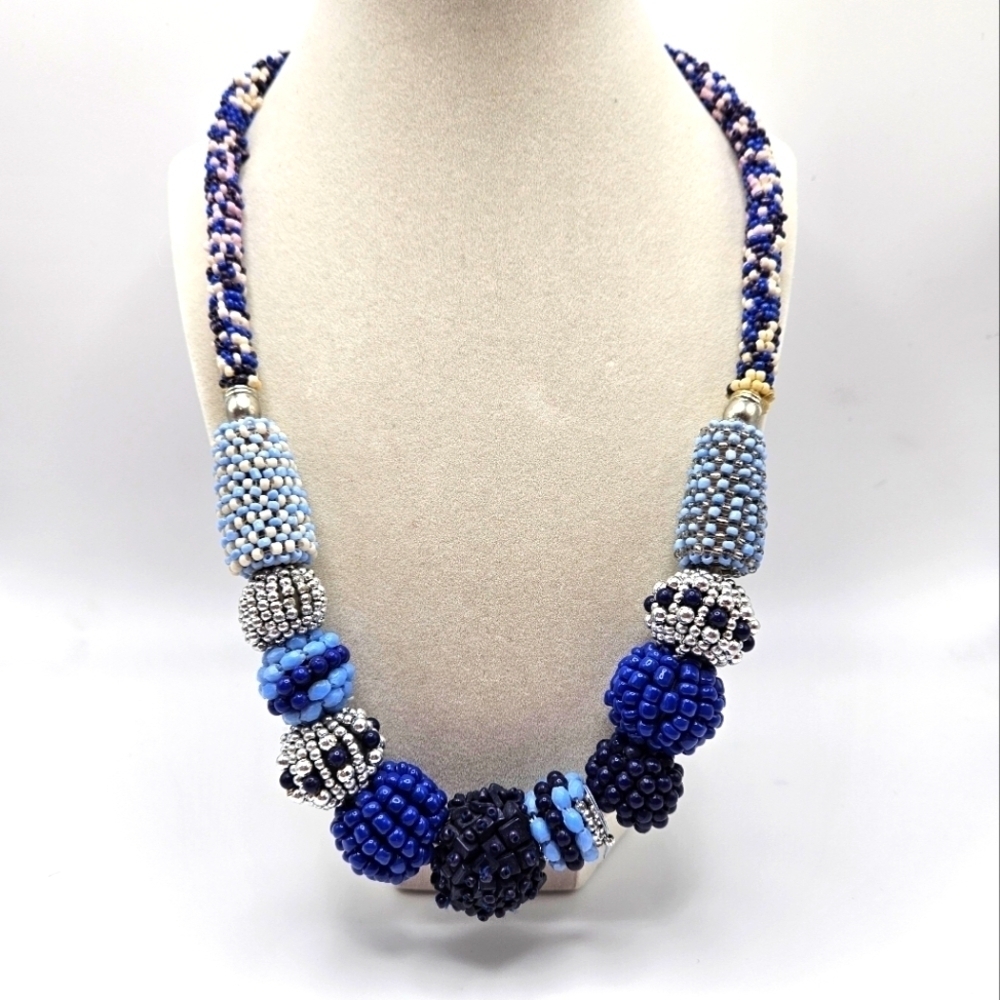 VINTAGE Handmade Blue & Silver Seed Bead Chunky Statement Necklace Boho